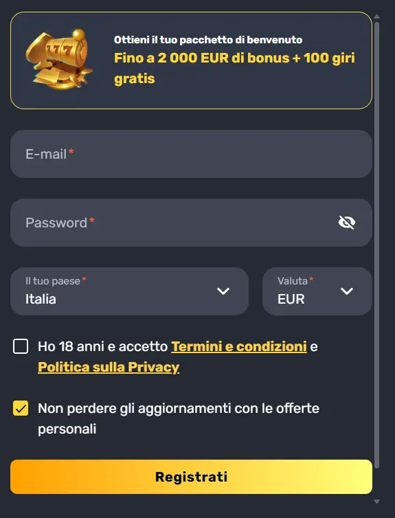 Modulo di Registrazione Prima del RocketPlay Sign In